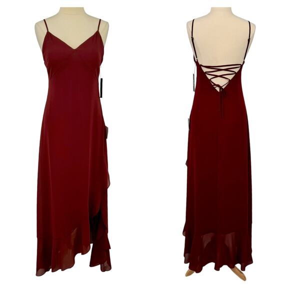 NWT Lulus Ada Lace-Up Maxi Dress Size L Burgundy Babydoll Asymmetric Ruffle Hem - Picture 4 of 16